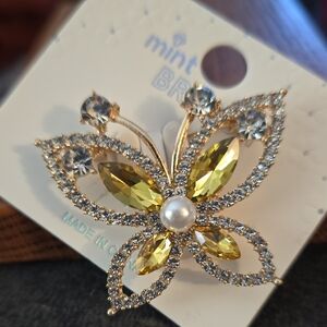 Mint Yellow and Gold Crystal Butterfly Brooch